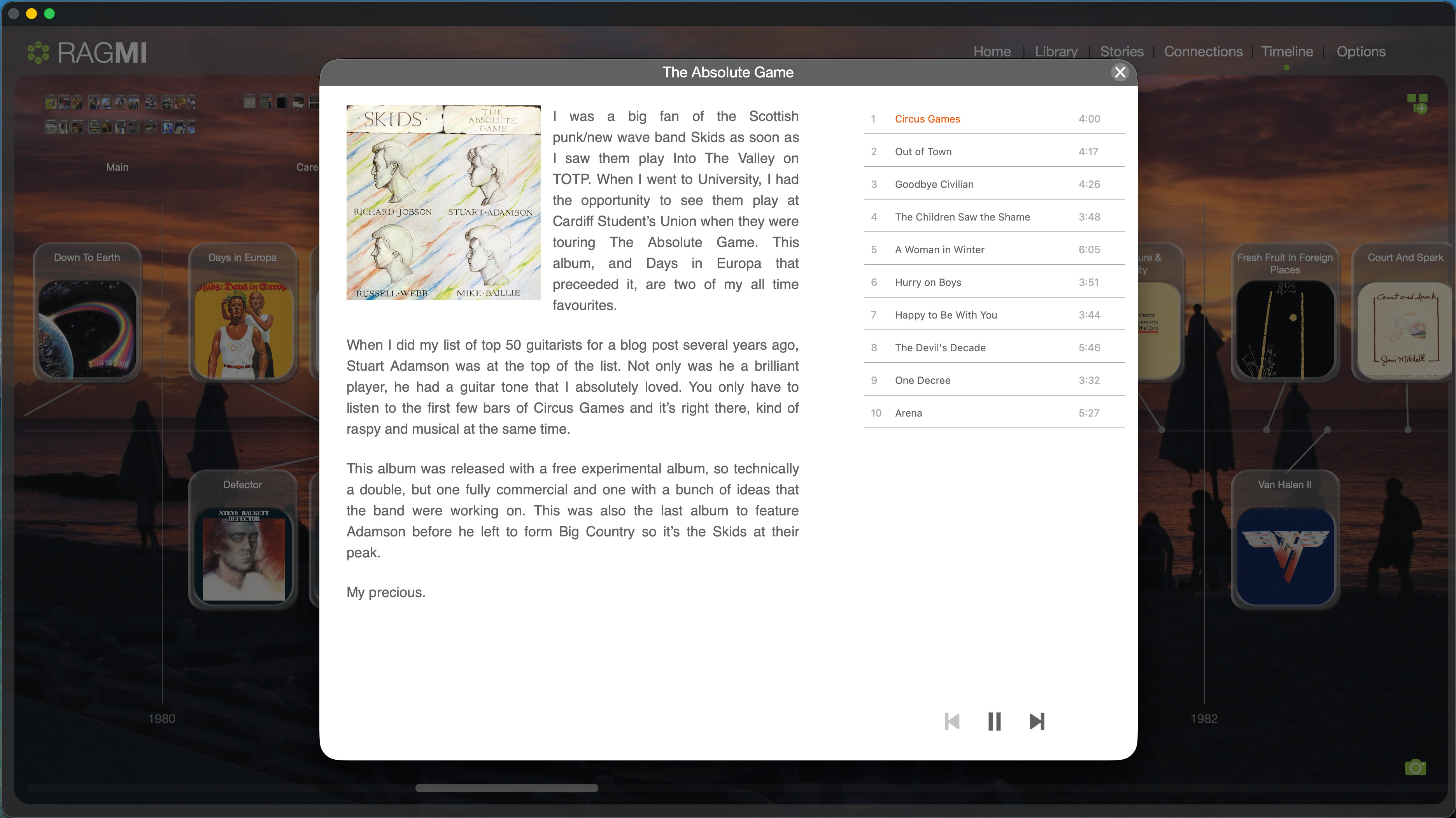 RAGMI Album Player showing The Absolute Game by The Skids with cover art, full track listing, a personal story about the album including the line My precious, and playback controls