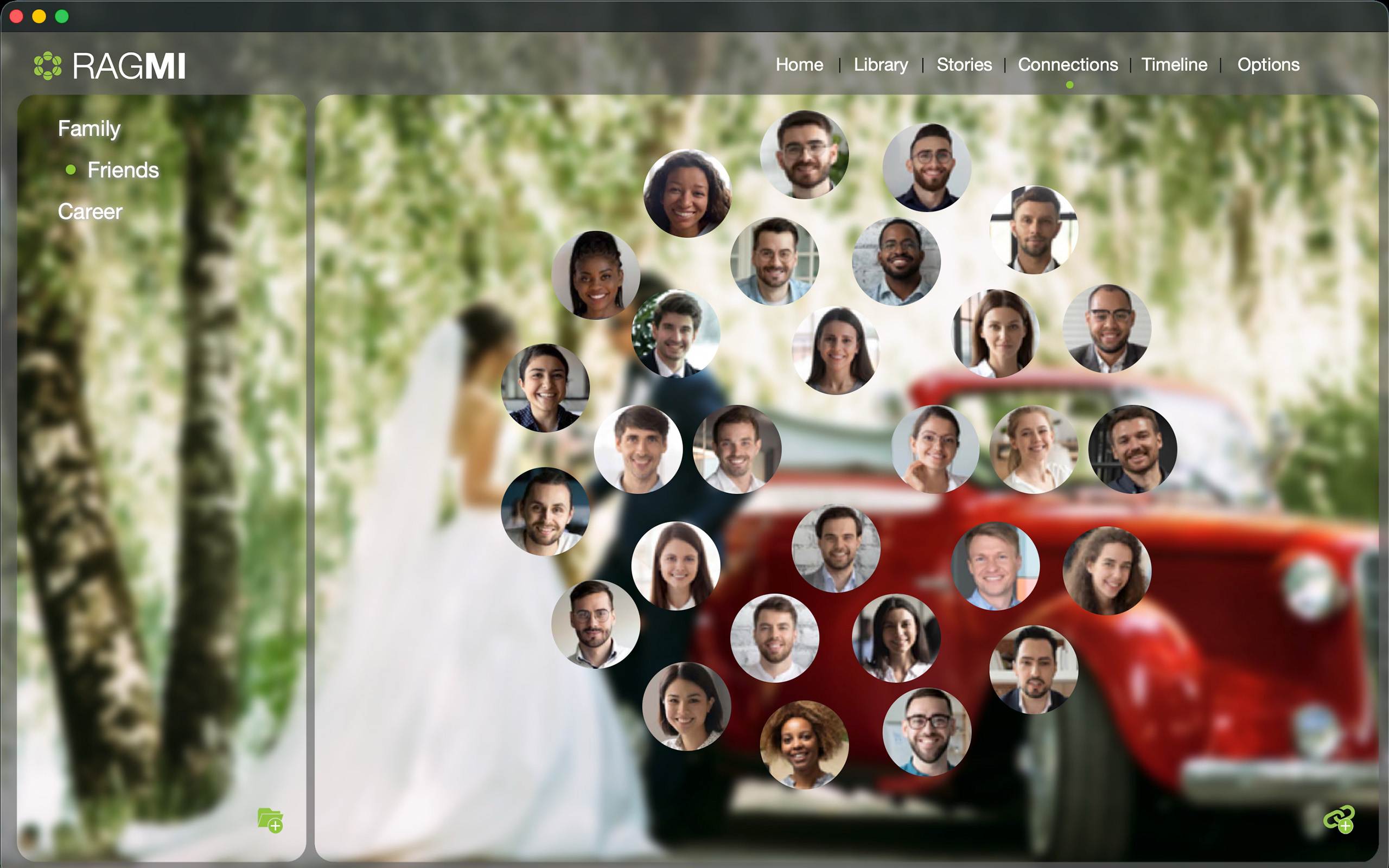 RAGMI Connections view showing a network of circular portrait photos arranged over a soft blurred wedding background, Friends category selected