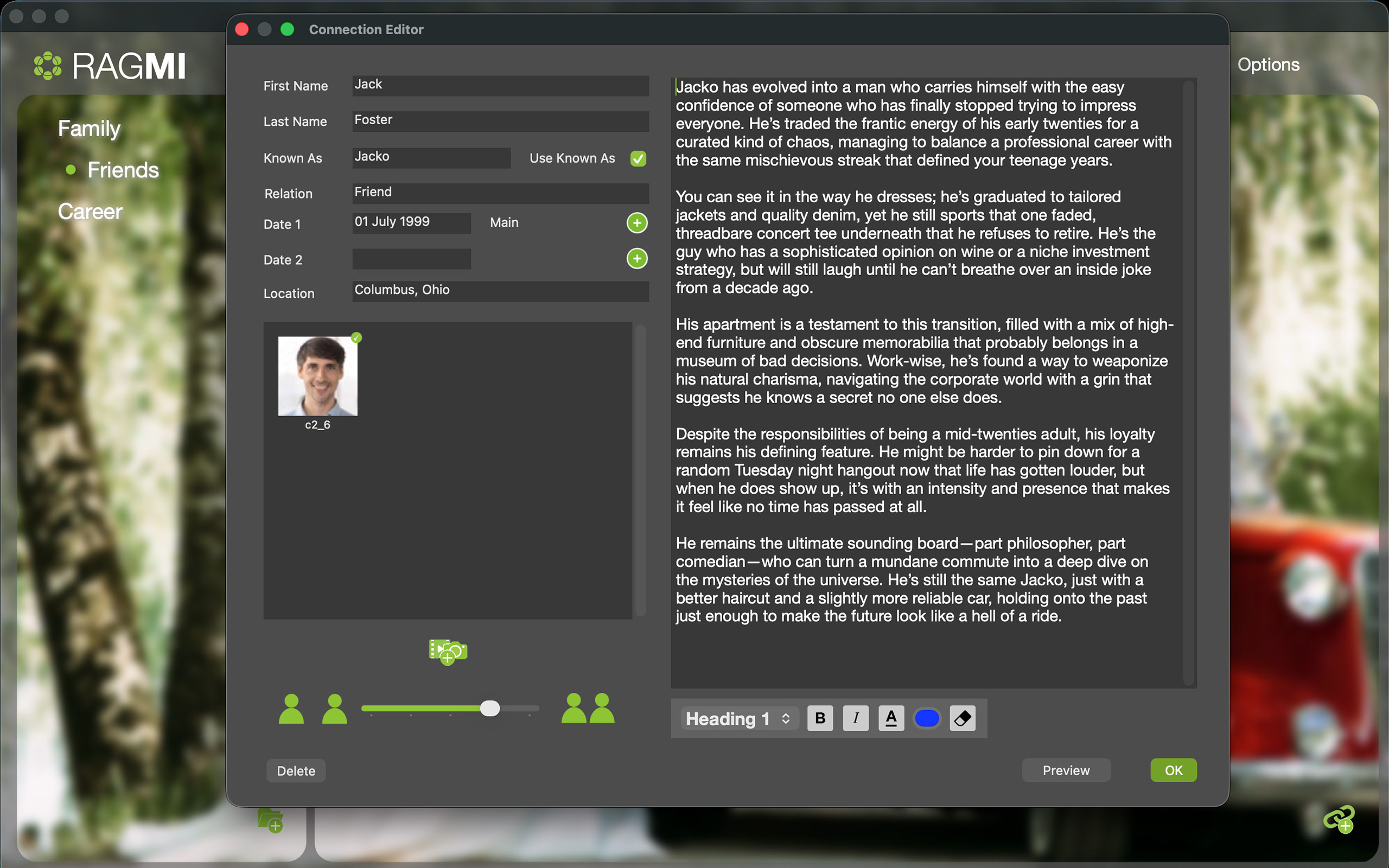 RAGMI Connection Editor showing the profile for Jack Foster, known as Jacko, with photo, relationship fields, a detailed narrative description of the friendship, and a significance slider at the bottom