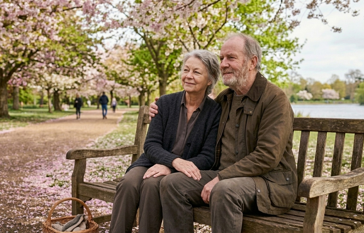 An older couple sitting together on a park bench under cherry blossom trees — a life lived together, worth preserving