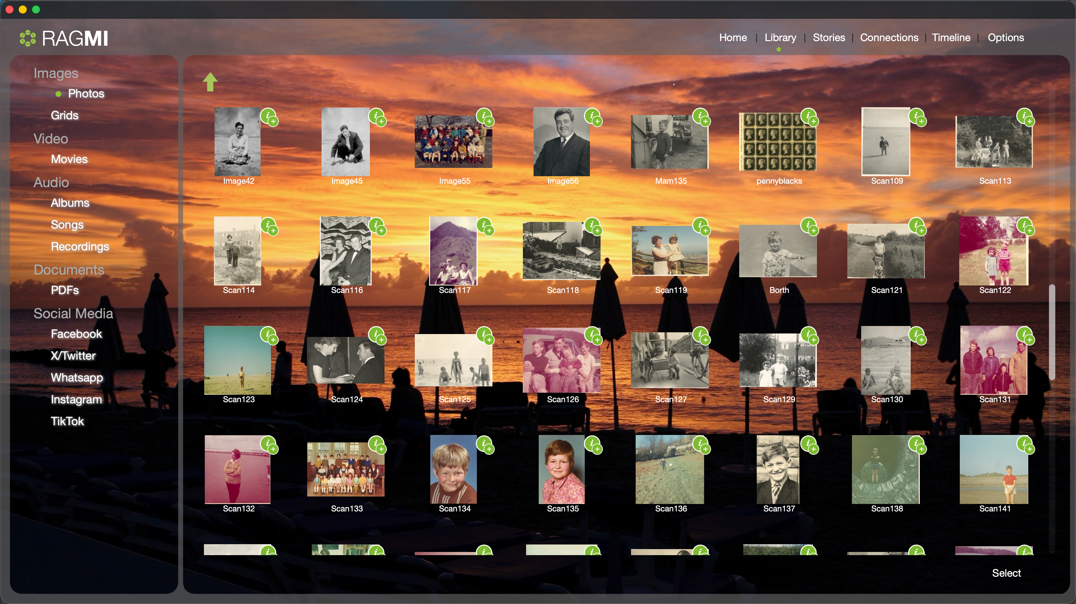 RAGMI Library view showing a grid of scanned family photos with a sidebar listing Images, Video, Audio, Documents, and Social Media categories including Facebook, X/Twitter, WhatsApp, Instagram, and TikTok