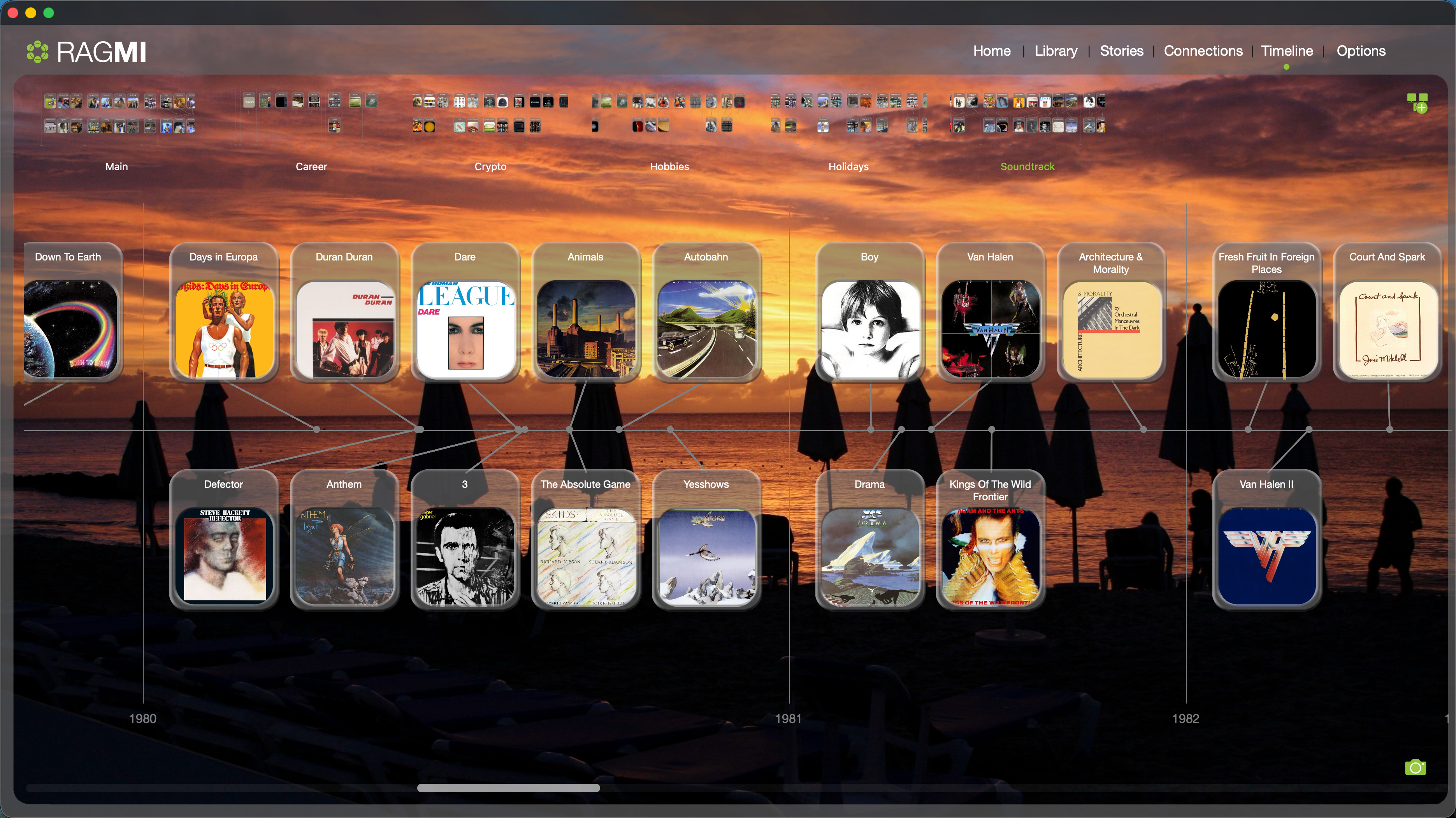 RAGMI Soundtrack track showing album covers from 1980 to 1982 including Days in Europa, Dare by Human League, Animals by Pink Floyd, Boy by U2, and more
