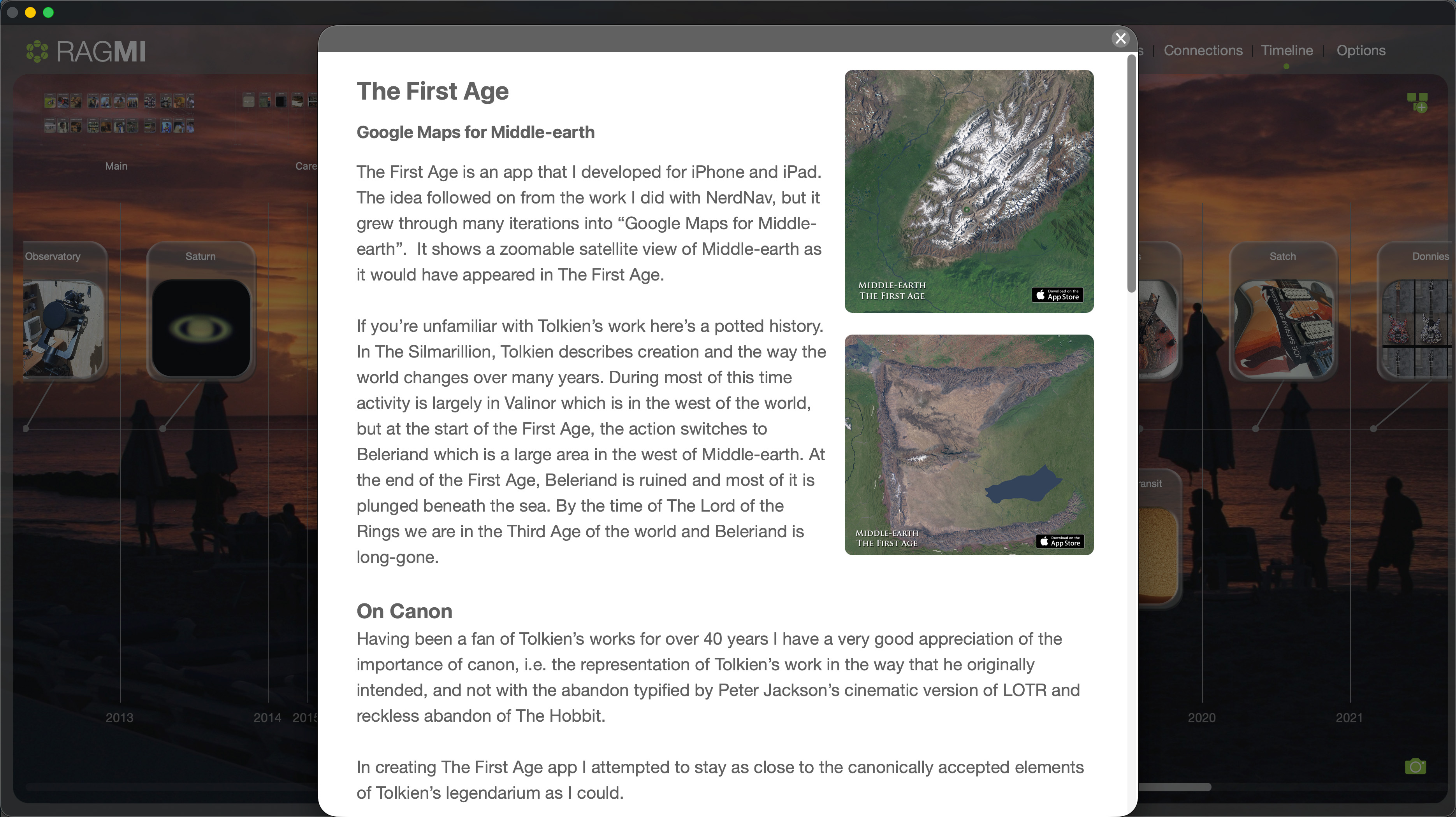 RAGMI Story preview showing The First Age with narrative text and two satellite map screenshots, displayed as a modal overlay on the timeline